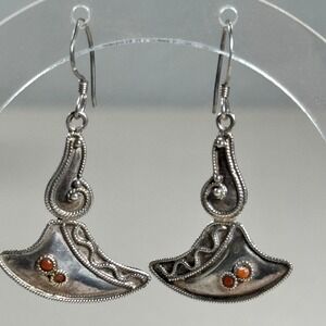 Sterling Silver Dangle Earrings with Red Orange Gemstones Tribal Boho Style FLAW